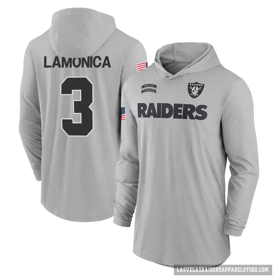 Men's ＃3 Daryle Lamonica Las Vegas Raiders Gray 2024 Salute to Service Lightweight Performance Long Sleeve Hooded T-Shirt