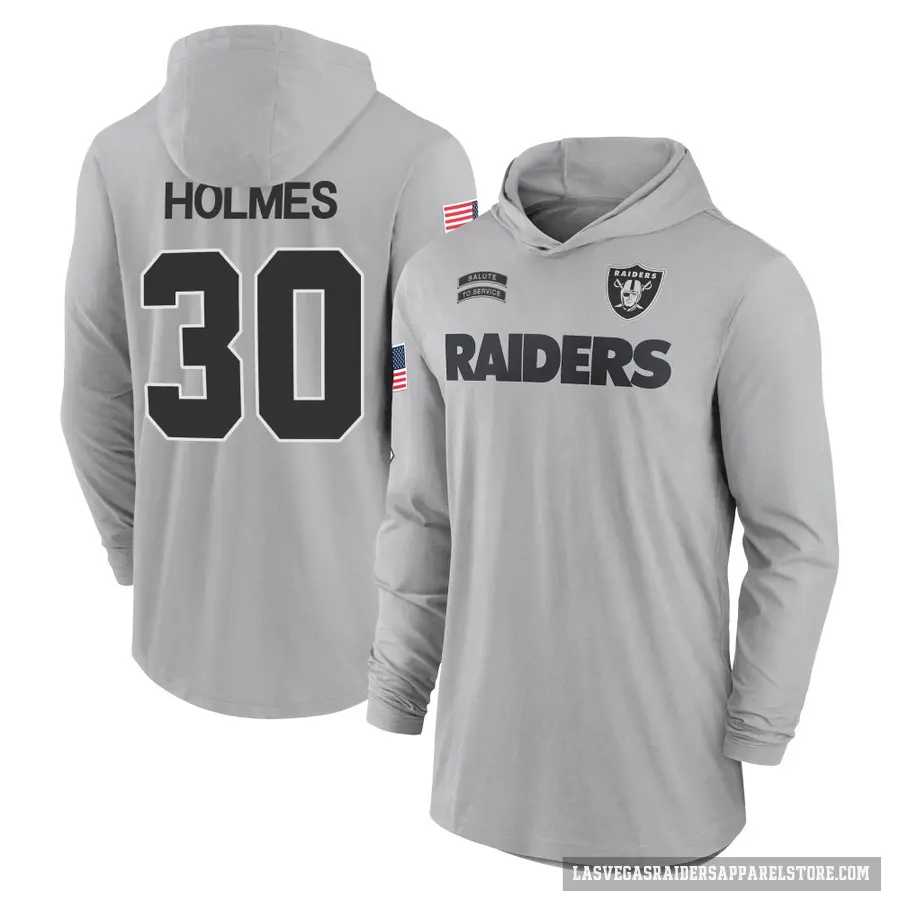 Men's ＃30 Darnay Holmes Las Vegas Raiders Gray 2024 Salute to Service Lightweight Performance Long Sleeve Hooded T-Shirt