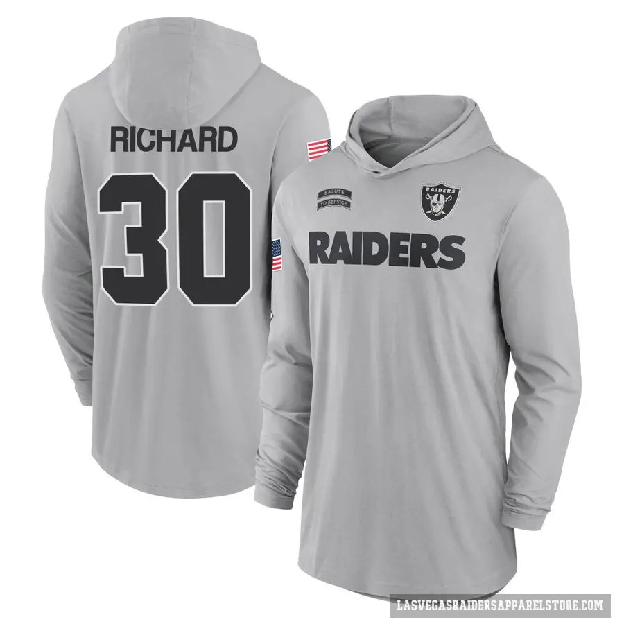 Men's ＃30 Jalen Richard Las Vegas Raiders Gray 2024 Salute to Service Lightweight Performance Long Sleeve Hooded T-Shirt