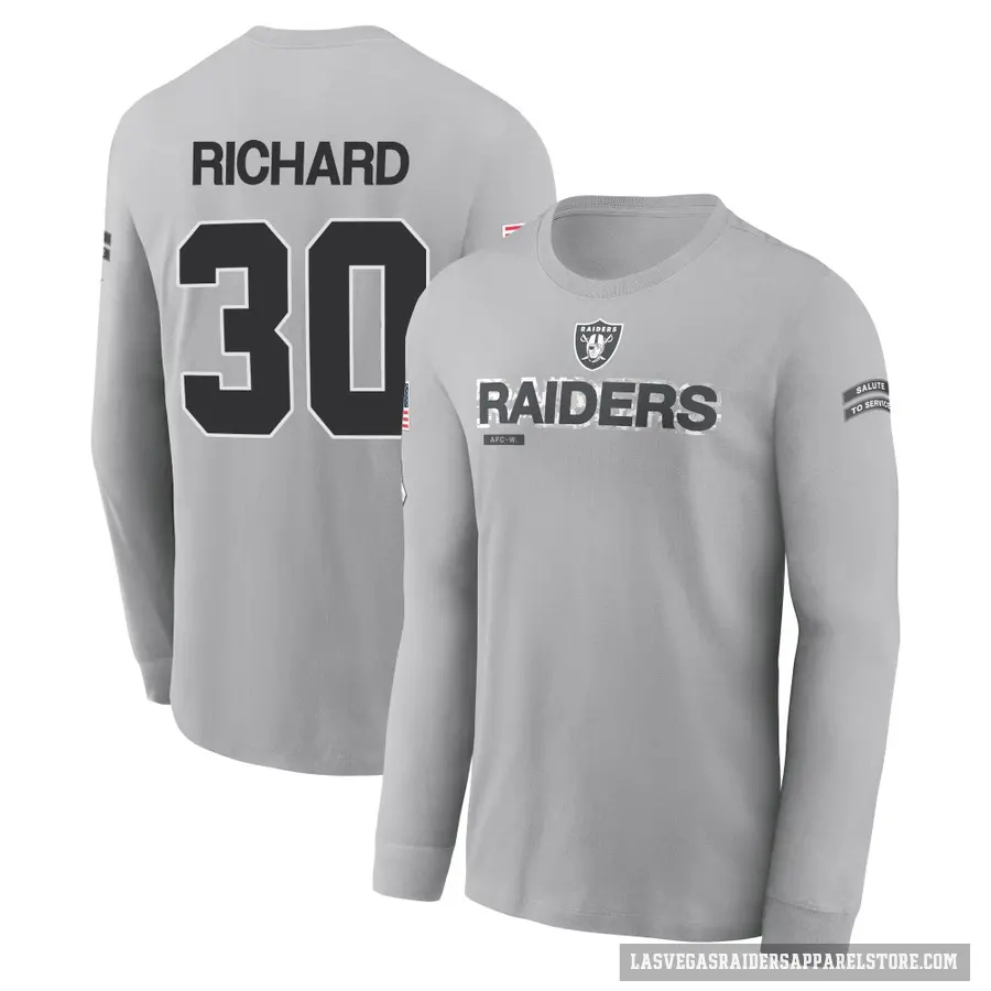 Men's ＃30 Jalen Richard Las Vegas Raiders Gray 2024 Salute to Service Long Sleeve T-Shirt