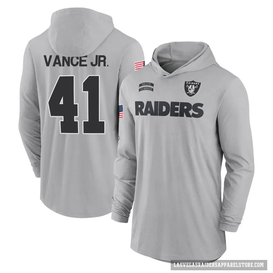 Men's ＃41 Greedy Vance Jr. Las Vegas Raiders Gray 2024 Salute to Service Lightweight Performance Long Sleeve Hooded T-Shirt