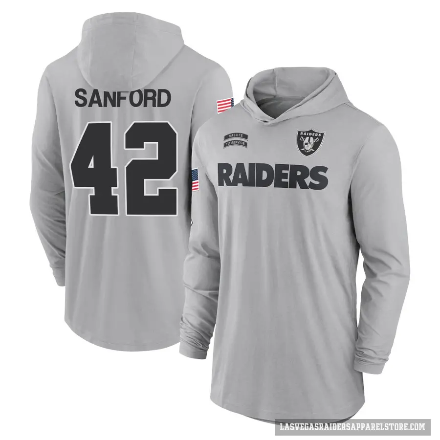 Men's ＃42 Phalen Sanford Las Vegas Raiders Gray 2024 Salute to Service Lightweight Performance Long Sleeve Hooded T-Shirt