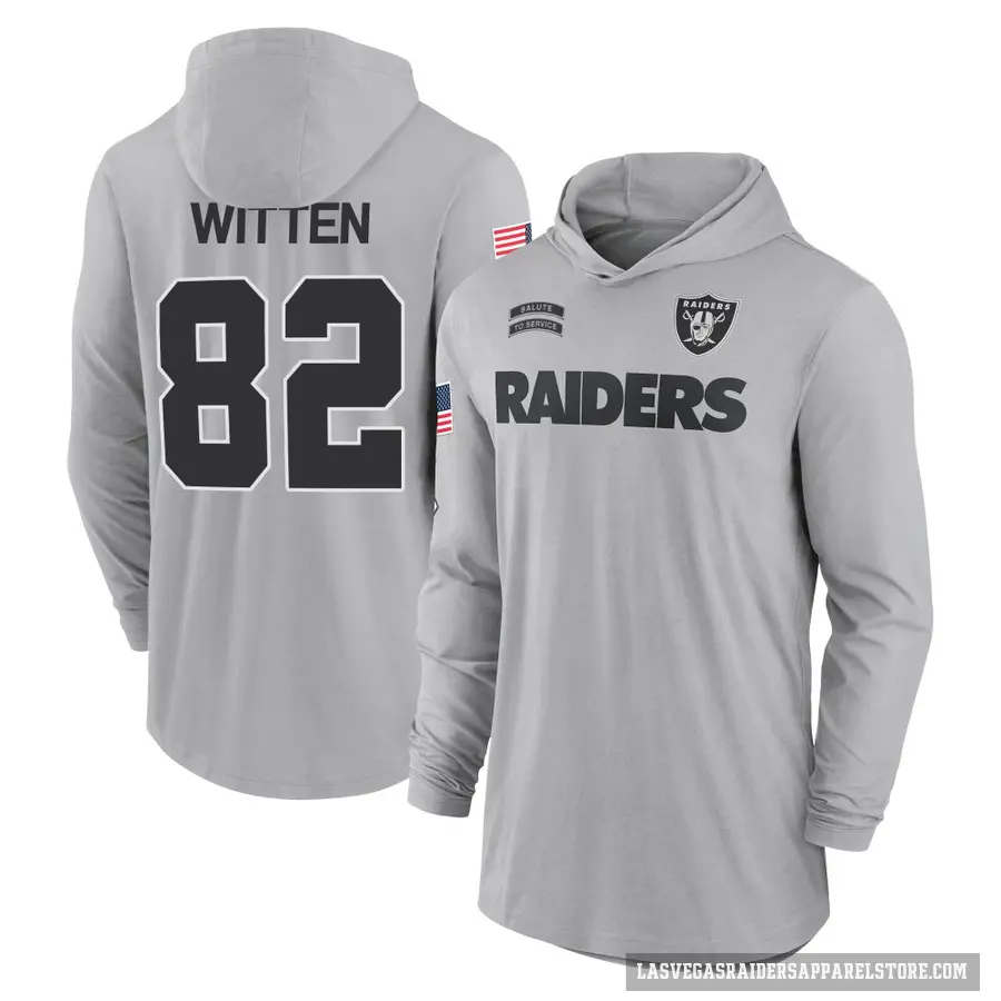 Men's ＃82 Jason Witten Las Vegas Raiders Gray 2024 Salute to Service Lightweight Performance Long Sleeve Hooded T-Shirt