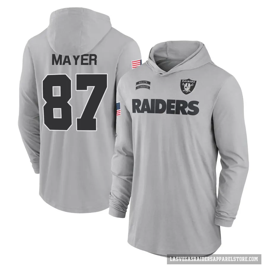 Men's ＃87 Michael Mayer Las Vegas Raiders Gray 2024 Salute to Service Lightweight Performance Long Sleeve Hooded T-Shirt
