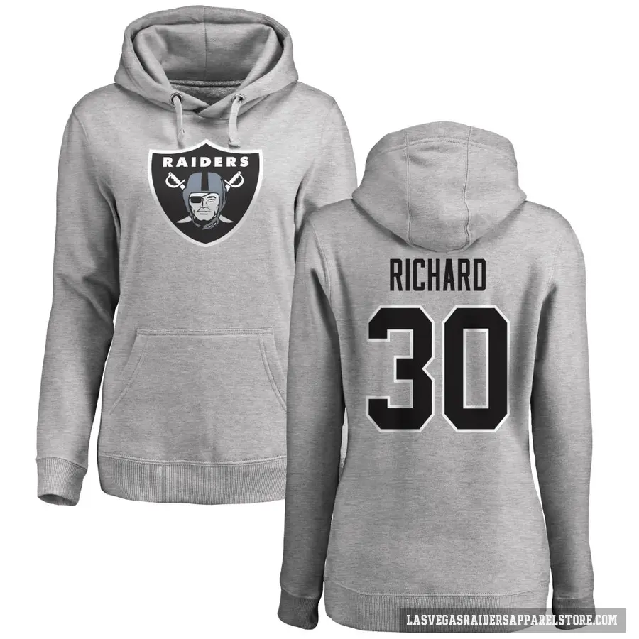 Women's ＃30 Jalen Richard Las Vegas Raiders Pro Line Ash Name & Number Logo Pullover Hoodie