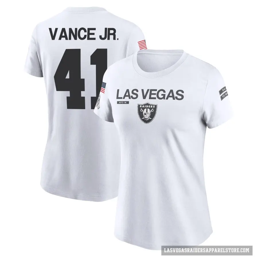 Women's ＃41 Greedy Vance Jr. Las Vegas Raiders White 2024 Salute to Service Performance T-Shirt