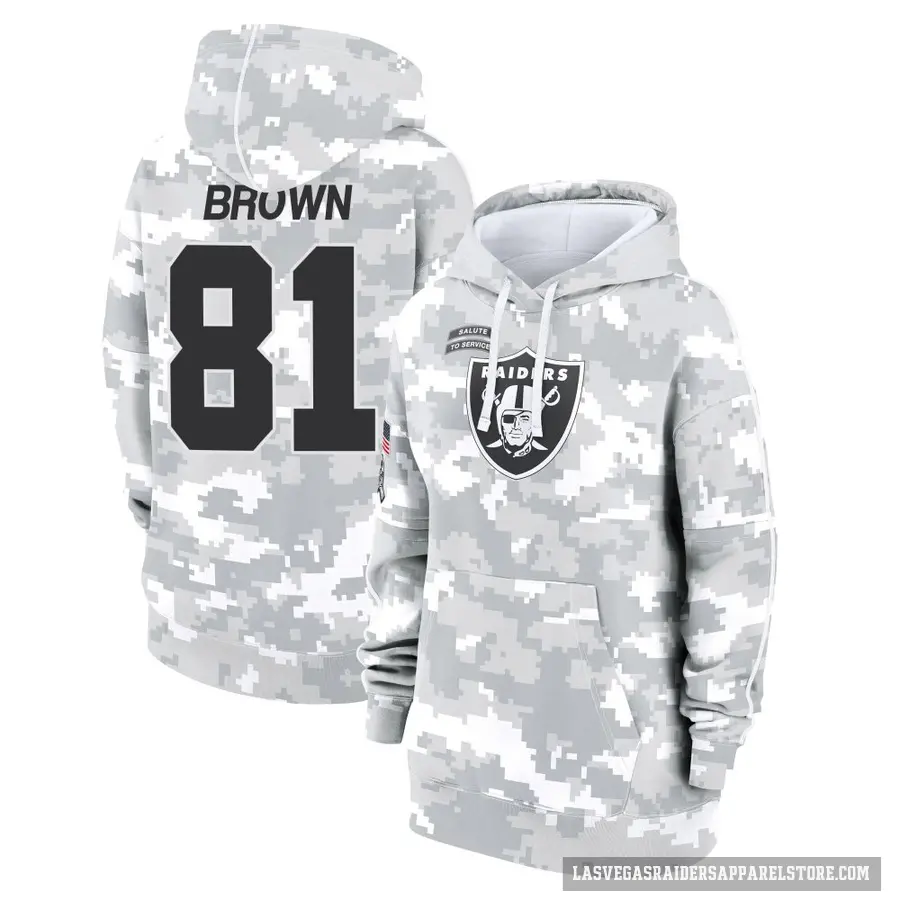 Women's ＃81 Tim Brown Las Vegas Raiders Arctic Camo 2024 Salute to Service Club Fleece Pullover Hoodie