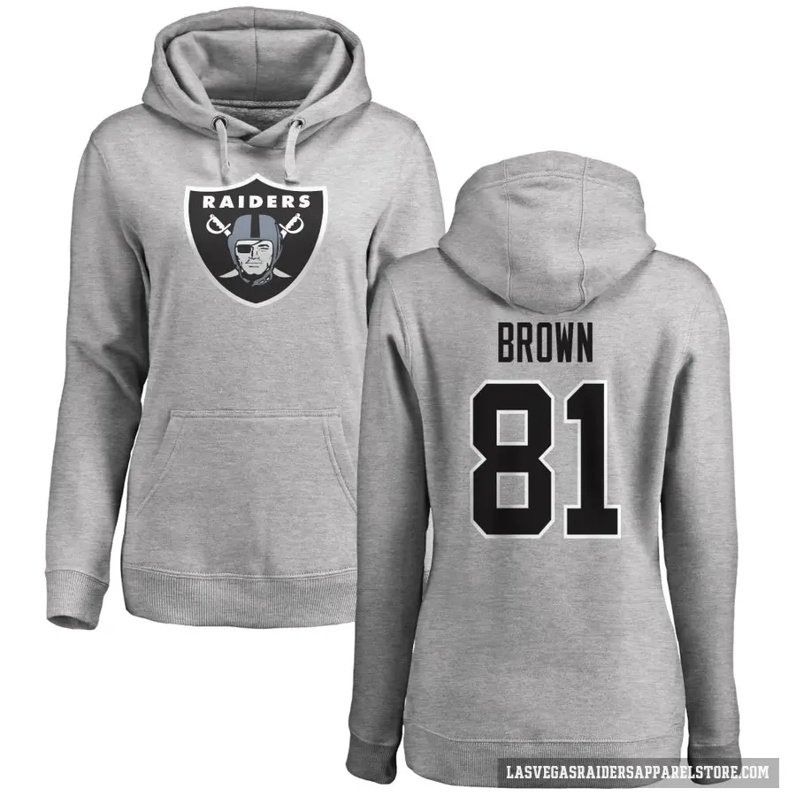 Women's ＃81 Tim Brown Las Vegas Raiders Pro Line Ash Name & Number Logo Pullover Hoodie