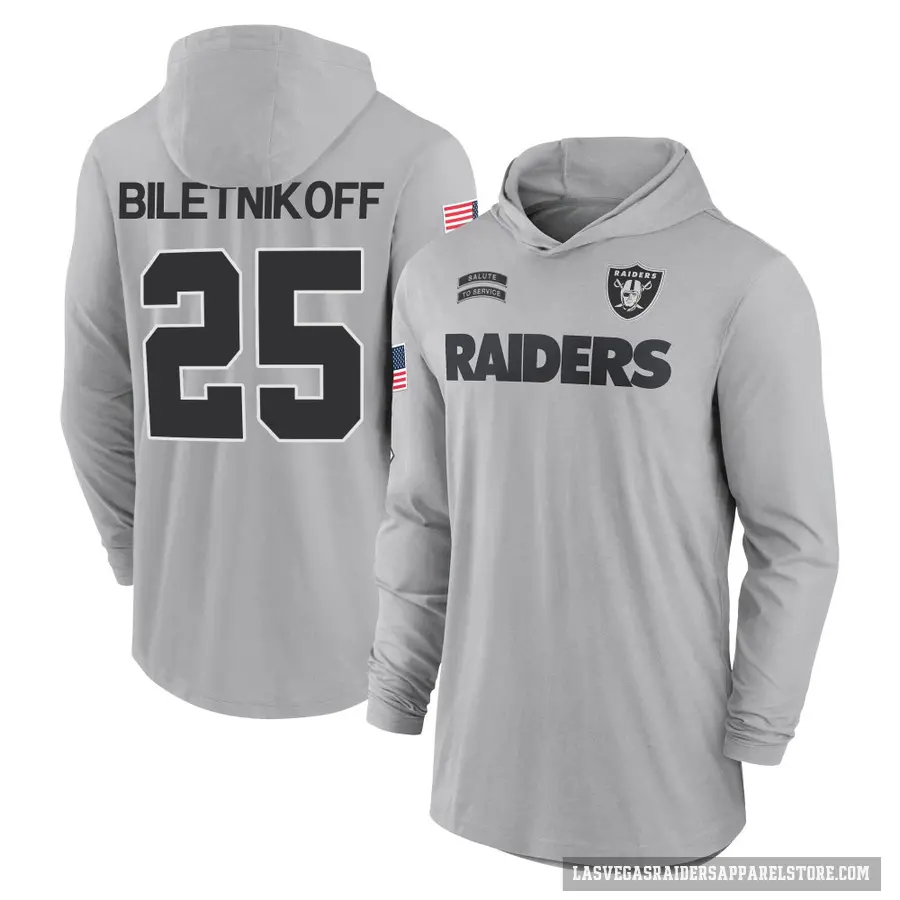 Youth ＃25 Fred Biletnikoff Las Vegas Raiders Gray 2024 Salute to Service Lightweight Performance Long Sleeve Hooded T-Shirt