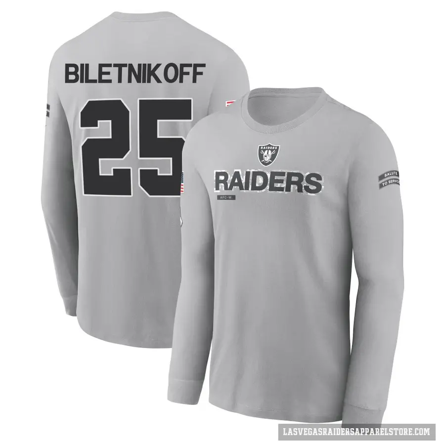 Youth ＃25 Fred Biletnikoff Las Vegas Raiders Gray 2024 Salute to Service Long Sleeve T-Shirt