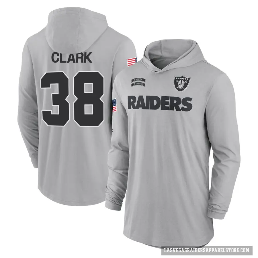 Youth ＃38 Hudson Clark Las Vegas Raiders Gray 2024 Salute to Service Lightweight Performance Long Sleeve Hooded T-Shirt