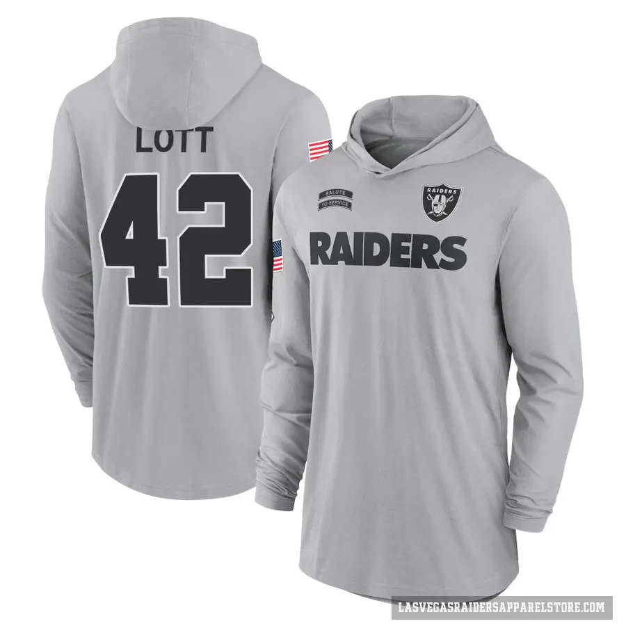 Youth ＃42 Ronnie Lott Las Vegas Raiders Gray 2024 Salute to Service Lightweight Performance Long Sleeve Hooded T-Shirt