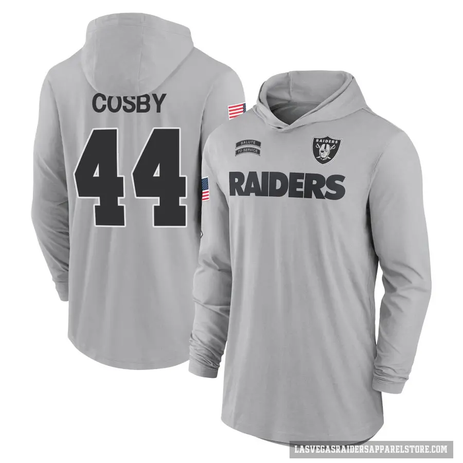 Youth ＃44 Bryce Cosby Las Vegas Raiders Gray 2024 Salute to Service Lightweight Performance Long Sleeve Hooded T-Shirt