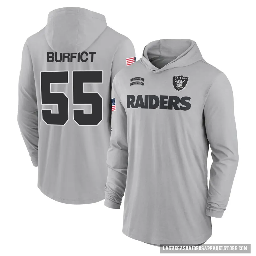 Youth ＃55 Vontaze Burfict Las Vegas Raiders Gray 2024 Salute to Service Lightweight Performance Long Sleeve Hooded T-Shirt