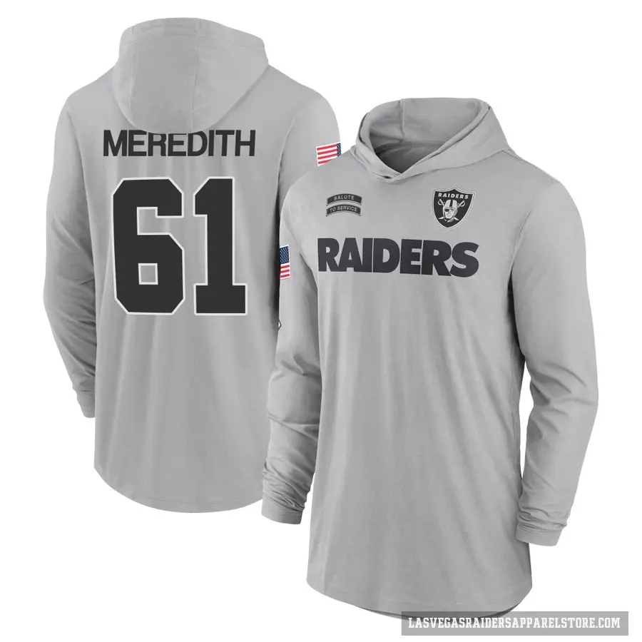 Youth ＃61 Jordan Meredith Las Vegas Raiders Gray 2024 Salute to Service Lightweight Performance Long Sleeve Hooded T-Shirt