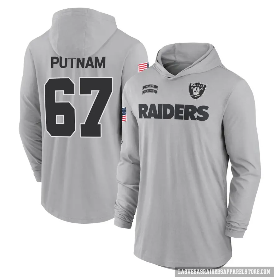 Youth ＃67 Will Putnam Las Vegas Raiders Gray 2024 Salute to Service Lightweight Performance Long Sleeve Hooded T-Shirt