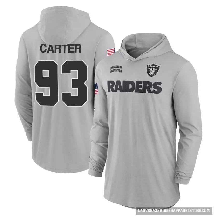 Youth ＃93 Zach Carter Las Vegas Raiders Gray 2024 Salute to Service Lightweight Performance Long Sleeve Hooded T-Shirt