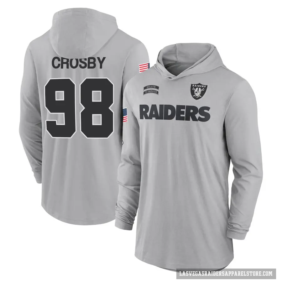 Youth ＃98 Maxx Crosby Las Vegas Raiders Gray 2024 Salute to Service Lightweight Performance Long Sleeve Hooded T-Shirt